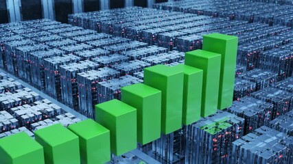 Green bar graph growing in modern data center environment. Rising trend line symbolizing business growth and financial success. - Powered by Adobe