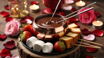 Close up of chocolate fondue with strawberries on wooden board