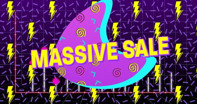 Animation of massive sale and falling icons and shapes over dark background