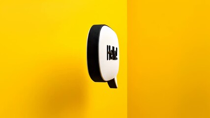 White 3d speech bubble with the word hello rotating on a vibrant yellow background, symbolizing communication, greeting, conversation, social media interaction, and positive messaging - Powered by Adobe