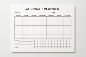 Minimalist blank calendar planner template with habit tracker section on clean white background for productivity and organization concept. Ai generative