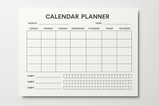Minimalist blank calendar planner template with habit tracker section on clean white background for productivity and organization concept. Ai generative