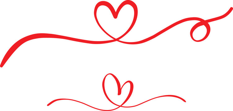 Romantic red heart calligraphic flourish dividers on a white background