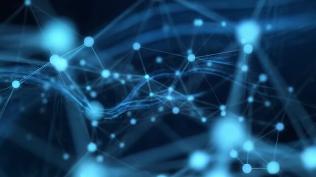 Complex network connections and data transfer visualized through blue glowing nodes and lines in a digital environment from a dynamic viewpoint