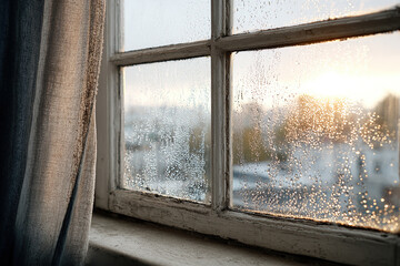 Window shows condensation with soft light coming through on a bright spring morning