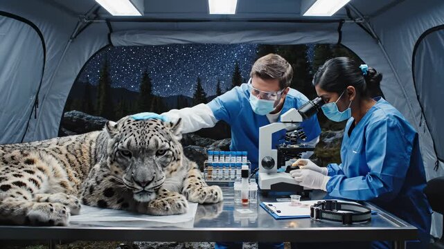 Veterinarians Examining Snow Leopard Sample Under Microscope Inside Field Tent
