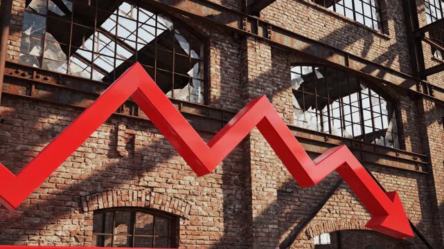 Declining red arrow over abandoned brick factory building. Financial crisis, economic downturn, business failure concept.