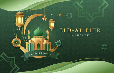 Elegant Ramadan Kareem design on green Islamic pattern background with gold ornament star, mosque, flowers and lanterns. Raya and ramadan template design for poster, banner and greeting cards.