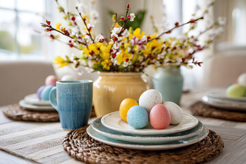 Spring family table setting with Easter decorations in bright colors and floral arrangements for festive gathering