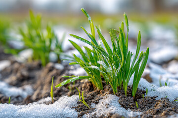 First green grass appears through melting snow in early spring near a field
