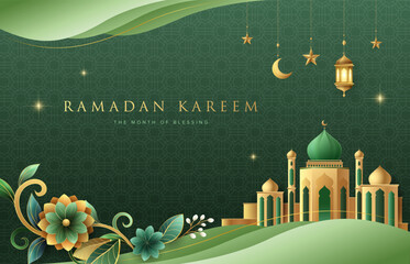 Beautiful floral Ramadan Kareem greeting design on green background with gold ornament star, moo, mosque, lanterns. Suitable for raya and ramadan template concept.