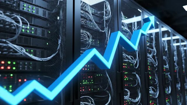 Blue wavy arrow moving upwards through server room racks. Data growth and financial success concept in digital infrastructure.