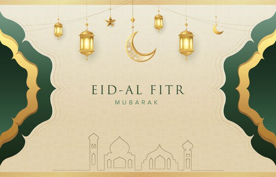 Traditional Ramadan Kareem greeting design template with gold islamic lanterns, mosque, star and moon. Suitable for raya and ramadan template design concept.

