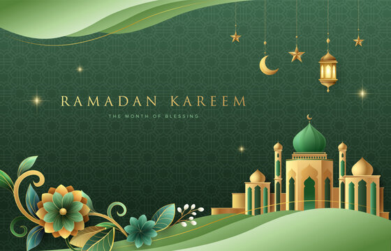 Beautiful floral Ramadan Kareem greeting design on green background with gold ornament star, moo, mosque, lanterns. Suitable for raya and ramadan template concept.