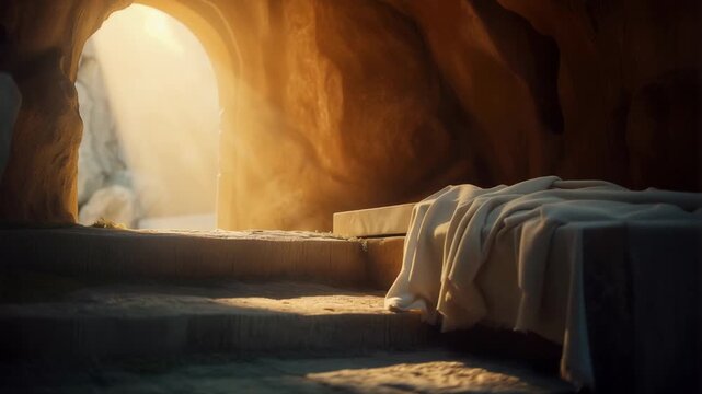 Bible Easter Resurrection The empty tomb of Jesus where the shrouds lie abandoned The sun rises	