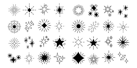 Glowing star icon with sparkling burst rays and shimmering light effects, perfect for festive designs, retro graphics, and magical decorations with radiant starburst shapes
