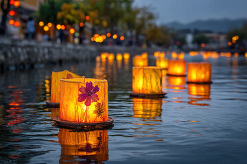Floating lanterns drift on water surface at night creating a bright scene in a quiet town