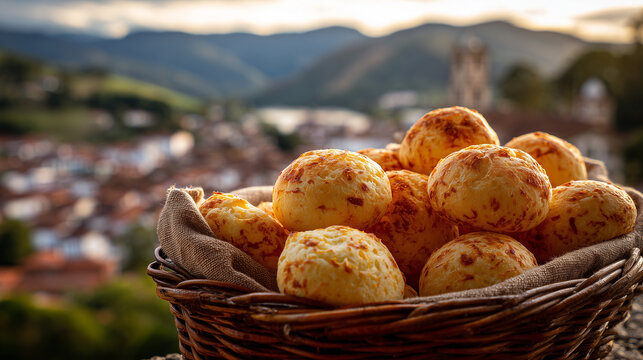 Close-up of P&atilde;o de queijo under bright light, featuring Ouro Preto blurred