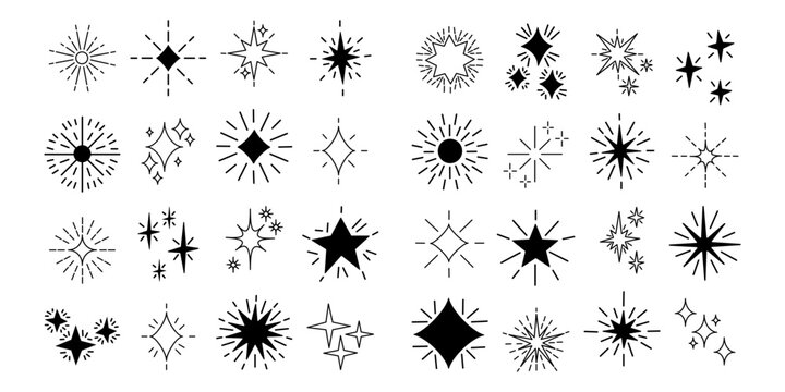 Glowing star icon with sparkling burst rays and shimmering light effects, perfect for festive designs, retro graphics, and magical decorations with radiant starburst shapes