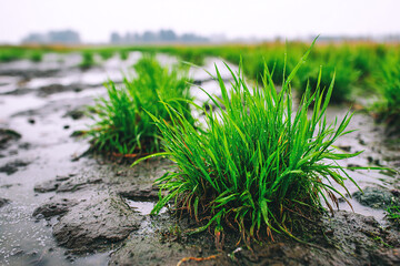 Fresh green grass patches emerge on wet soil in an open field during springtime after recent rainfall