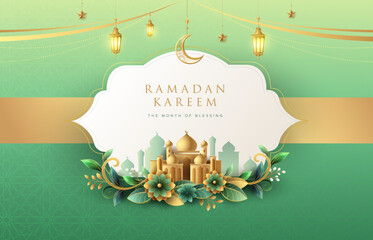 Gradient pastel color Ramadan Kareem concept with gold islamic elements, mosque and flowers. Suitable for Raya and ramadan template design.