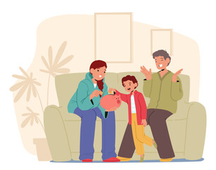 Happy parents and little son gathered around large pink piggy bank in home living-room scene