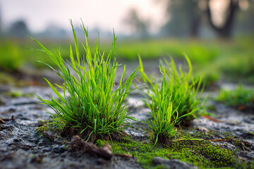 Fresh green grass patches growing on wet ground during morning light in a rural setting