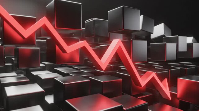 Red arrow showing stock market crash across black cubic blocks. Business financial data decrease with falling trend line.