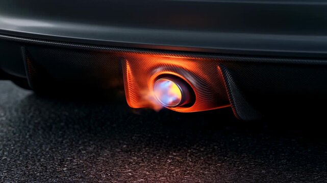 Close-up view shows car exhaust emitting flame and smoke during revving. The setting is at night on a street, highlighting the performance of the vehicle and its exhaust system