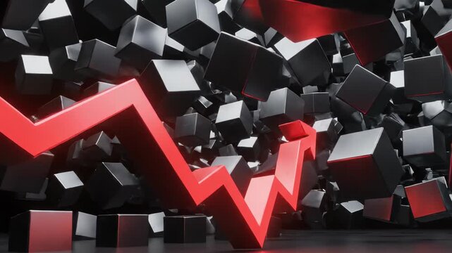 Red abstract zigzag line over black cubes. Business loss or profit, financial crisis, market fluctuation in digital graph.