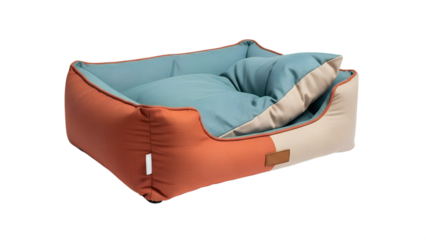 Pet bed with soft cushions in orange and blue color scheme  