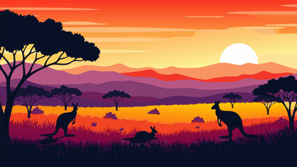 Vibrant Australian Sunset Vector Illustration Featuring Kangaroos in Silhouette Amidst Rolling Hills and Acacia Trees © PDWN Creative