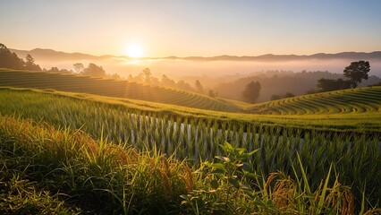 Obraz premium Sunrise over Terraced Rice Fields with Morning Mist and Golden Light.