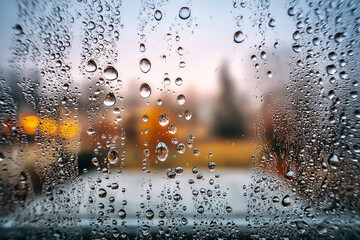 Condensation drops on a window show blurred view of outdoor scene during early morning hours