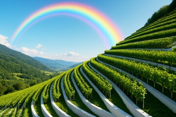 Obraz premium Rainbow over terraced vineyard on hillside with lush green plants under clear blue sky and distant mountains in natural light background scene. Ai generative
