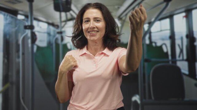 Woman pointing finger then pumping fist with hand inside bus interior on street, smiling at camera; confidence celebration.