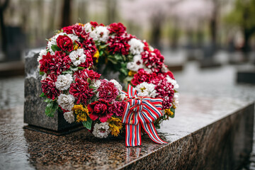 Wreath of red and white flowers placed on a memorial stone during a remembrance event