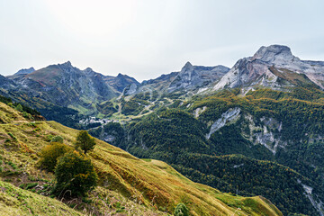 Obraz premium Col d'Aubisque, France. Mountain pass in the French Pyrenees massif, symbol of the Tour de France in Bearn, Gourette