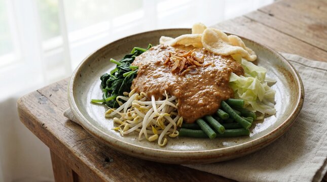 Traditional Indonesian pecel vegetable salad with rich peanut sauce, presented in clean and natural food photography style.