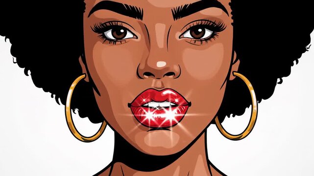 Pop art animation revealing a beautiful black woman with afro hair and shiny red lipstick. Cartoon style portrait with gold earrings zooming out on a clean, white background for a modern look