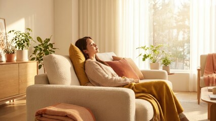 Peaceful woman enjoying sunlight indoors concept. A woman relaxes on a sofa, enjoying a sunny, serene moment.