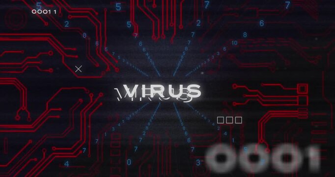Digital video blends virus interference, gaming, and tech visuals for entertainment.