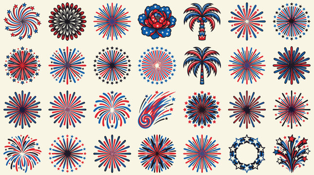 Stylized Fireworks Vector Set &ndash; Colorful Burst, Spiral, Palm, Floral Celebration Icons for Holiday, Festival, Party, New Year, Graphic Design Clipart