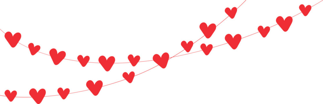 Romantic cute garland with hand drawn hearts on transparent background. Valentine`s day concept. 