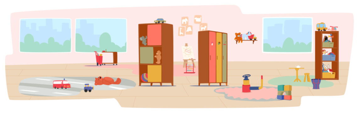 Empty bright and colorful kindergarten room, cozy play area interior design cartoon background