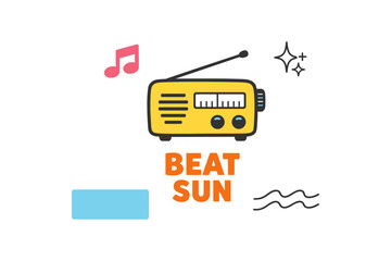 Retro yellow radio with musical notes and waves illustration