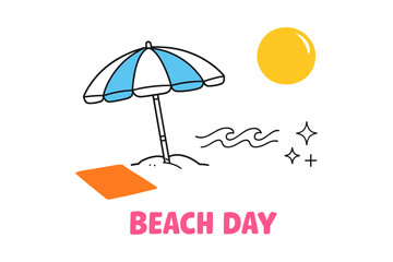 Vibrant beach day illustration with umbrella, towel, waves, and sun
