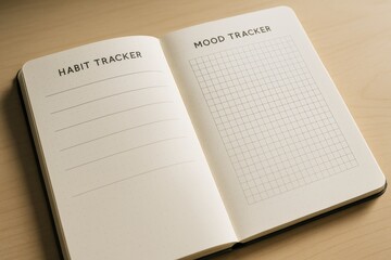 Open habit and mood tracker journal on wooden desk with clean layout and soft light, promoting personal productivity and wellness concept. Ai generative