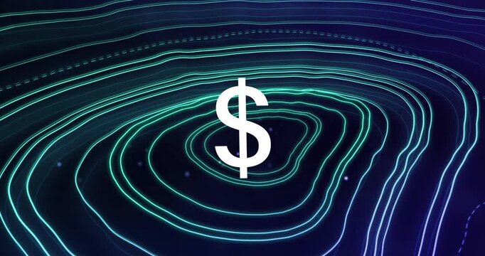 Animation of dollar symbol over topography patterns against blue background