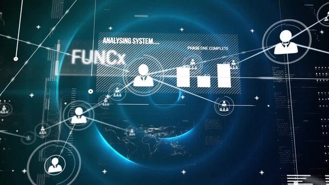 Animation of connected icons over texts, graphs, map over computer language and circular pattern